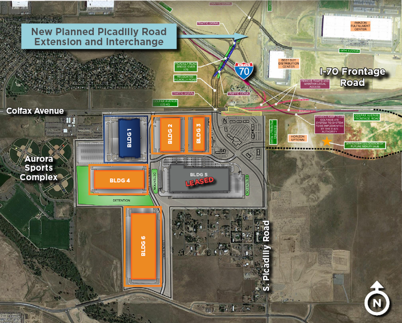 Map showing new warehouse for lease in Aurora, Colorado near the planned new interchange at Picadilly Road and I-70