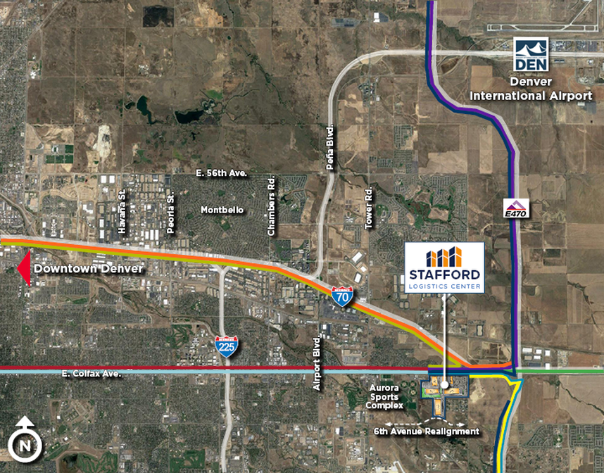 Map showing easy truck routes from warehouse buildings for lease in Aurora, CO